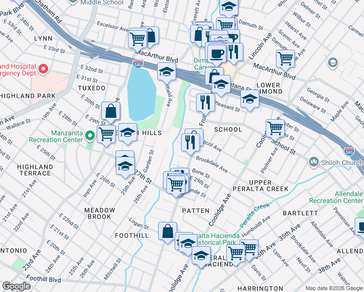 map of restaurants, bars, coffee shops, grocery stores, and more near 2627 Hickory Street in Oakland