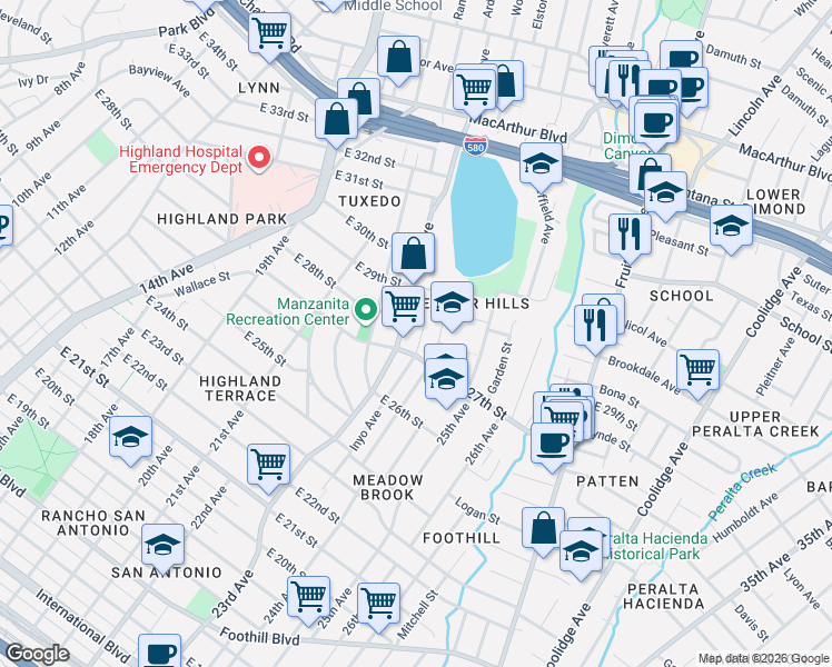 map of restaurants, bars, coffee shops, grocery stores, and more near 2725 Inyo Avenue in Oakland