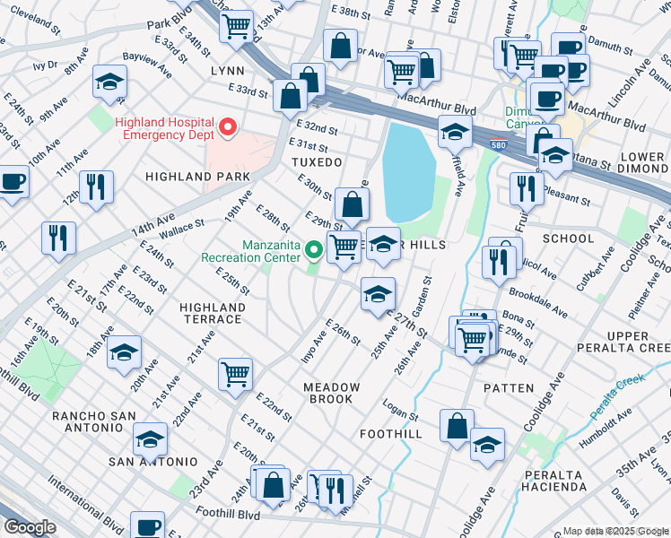 map of restaurants, bars, coffee shops, grocery stores, and more near 2708 22nd Avenue in Oakland