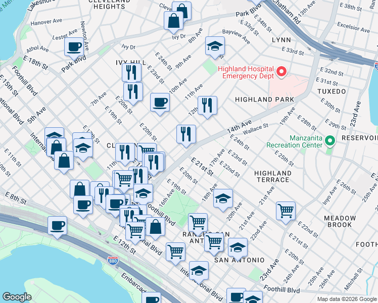 map of restaurants, bars, coffee shops, grocery stores, and more near 2120 14th Avenue in Oakland