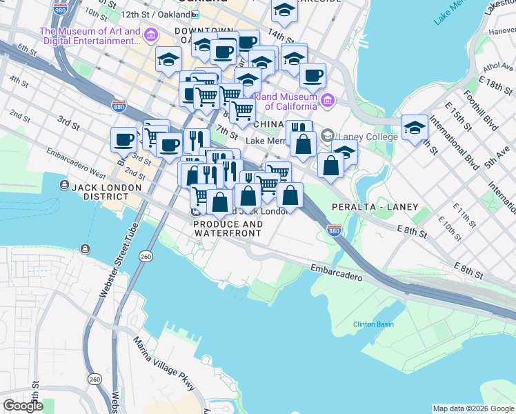 map of restaurants, bars, coffee shops, grocery stores, and more near 336 Madison Street in Oakland