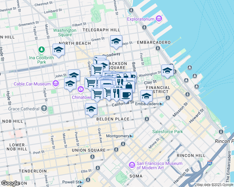 map of restaurants, bars, coffee shops, grocery stores, and more near 642 Commercial Street in San Francisco