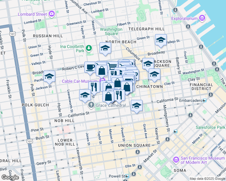 map of restaurants, bars, coffee shops, grocery stores, and more near 115 Wetmore Street in San Francisco