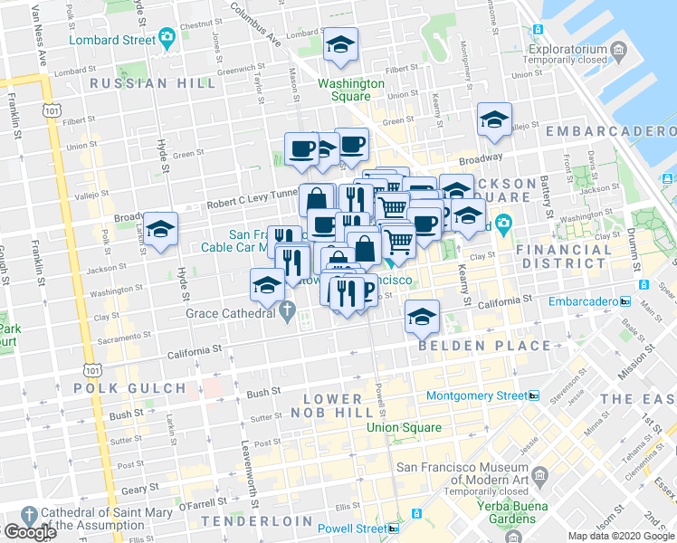 map of restaurants, bars, coffee shops, grocery stores, and more near 115 Wetmore Street in San Francisco