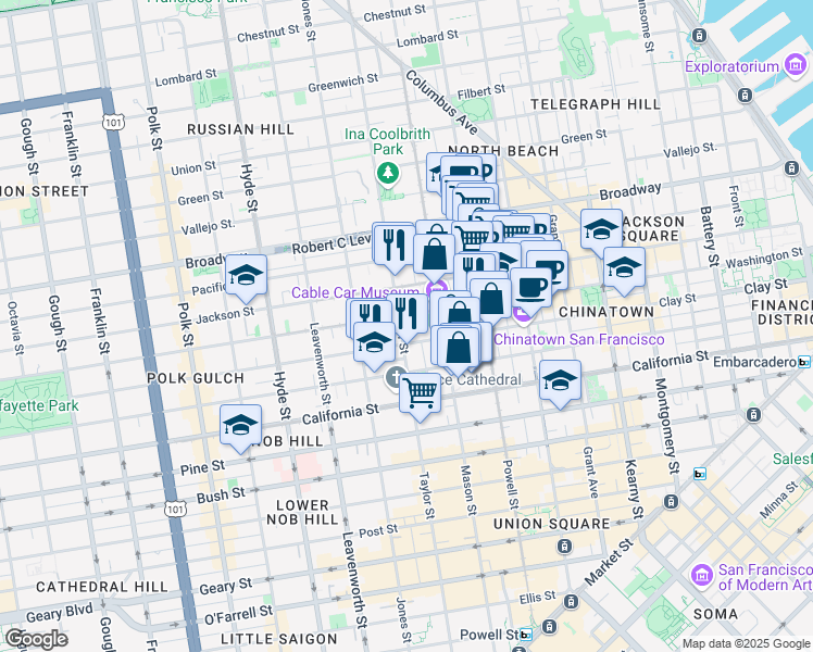 map of restaurants, bars, coffee shops, grocery stores, and more near 1140 Clay Street in San Francisco