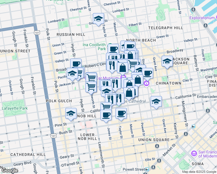 map of restaurants, bars, coffee shops, grocery stores, and more near 1235 Washington Street in San Francisco