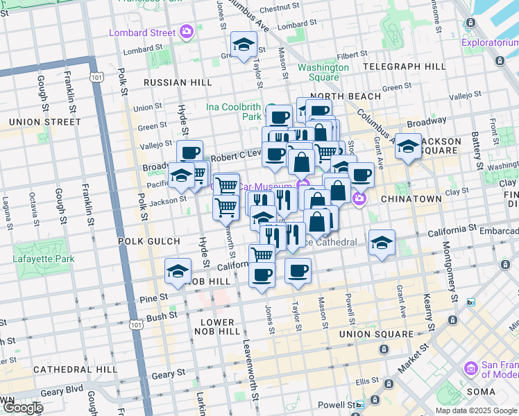 map of restaurants, bars, coffee shops, grocery stores, and more near in San Francisco