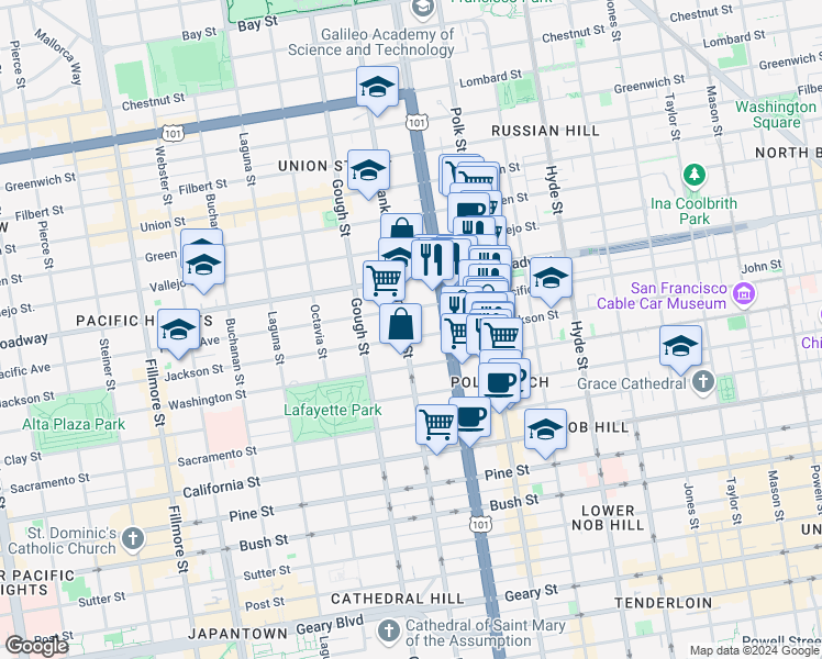 map of restaurants, bars, coffee shops, grocery stores, and more near 1720 Jackson Street in San Francisco