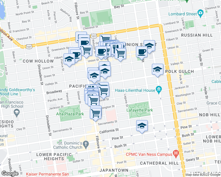 map of restaurants, bars, coffee shops, grocery stores, and more near 2602 Buchanan Street in San Francisco
