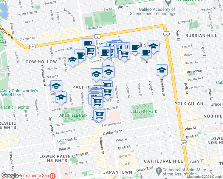 map of restaurants, bars, coffee shops, grocery stores, and more near 2602 Buchanan Street in San Francisco