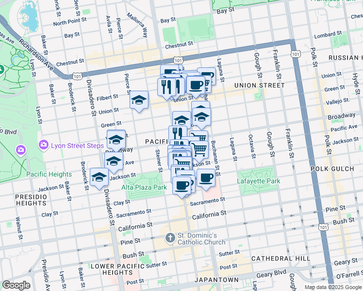 map of restaurants, bars, coffee shops, grocery stores, and more near in San Francisco
