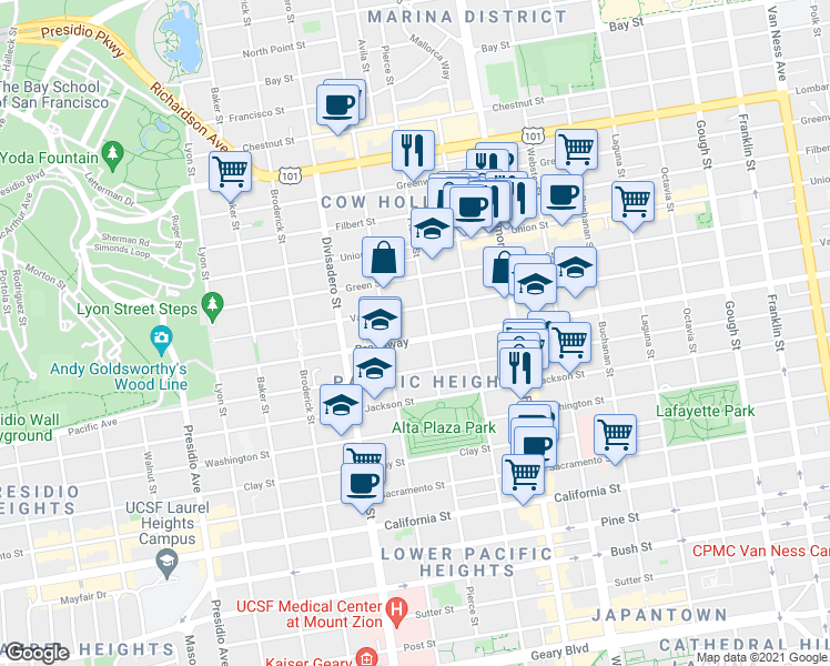 map of restaurants, bars, coffee shops, grocery stores, and more near 2536 Broadway in San Francisco