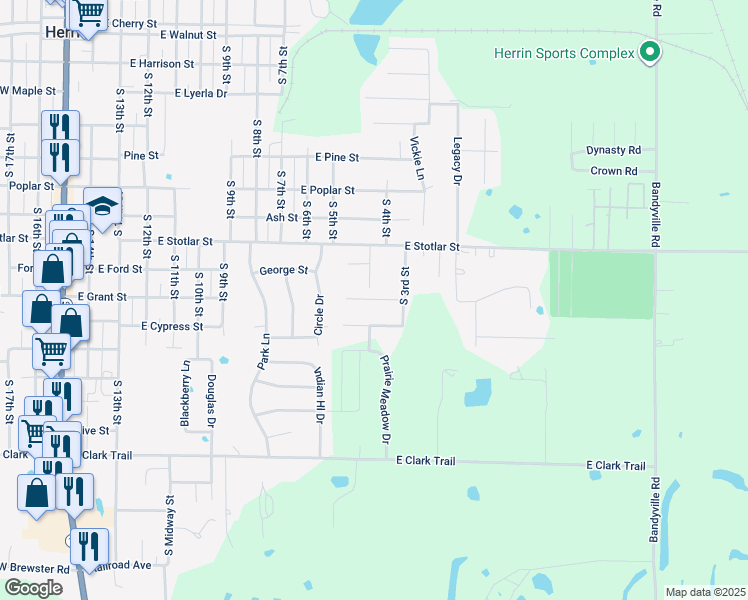 map of restaurants, bars, coffee shops, grocery stores, and more near 1113 Wildflower Lane in Herrin