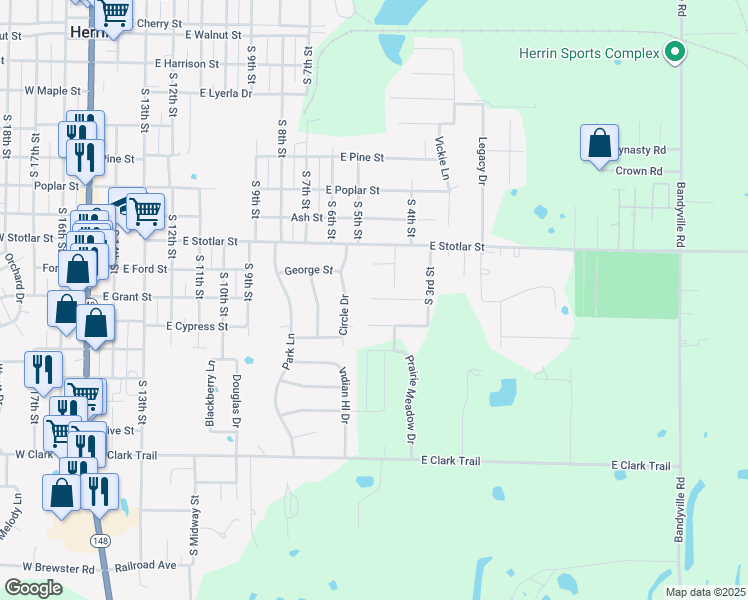map of restaurants, bars, coffee shops, grocery stores, and more near Duncan Street in Herrin