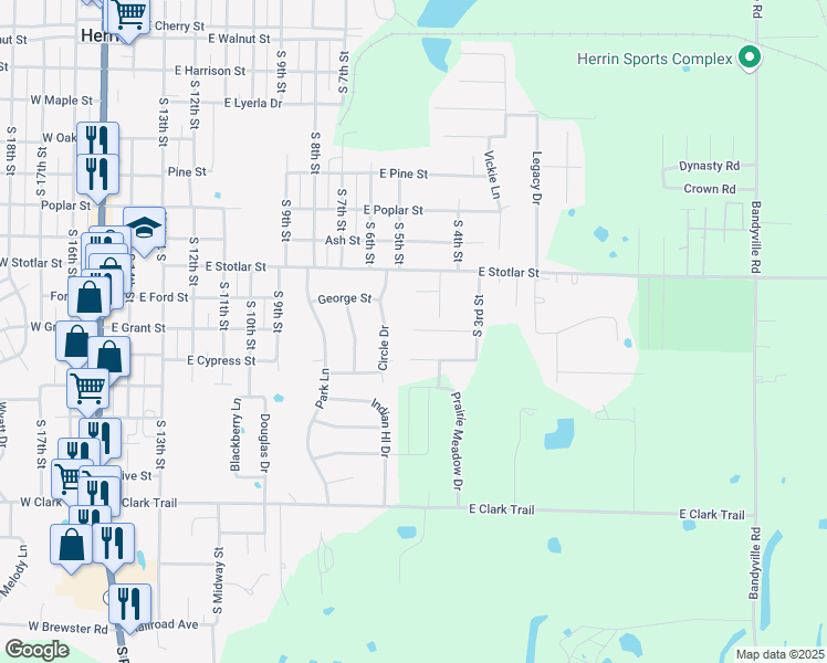 map of restaurants, bars, coffee shops, grocery stores, and more near Duncan Street in Herrin