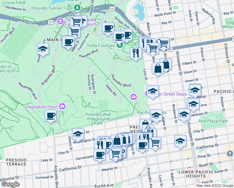 map of restaurants, bars, coffee shops, grocery stores, and more near 725 Sibley Road in San Francisco