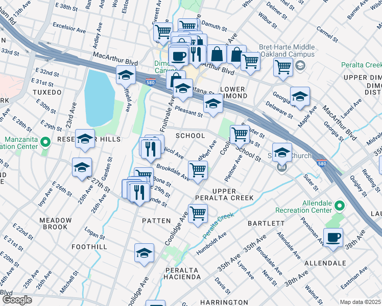map of restaurants, bars, coffee shops, grocery stores, and more near 3022 Capp Street in Oakland