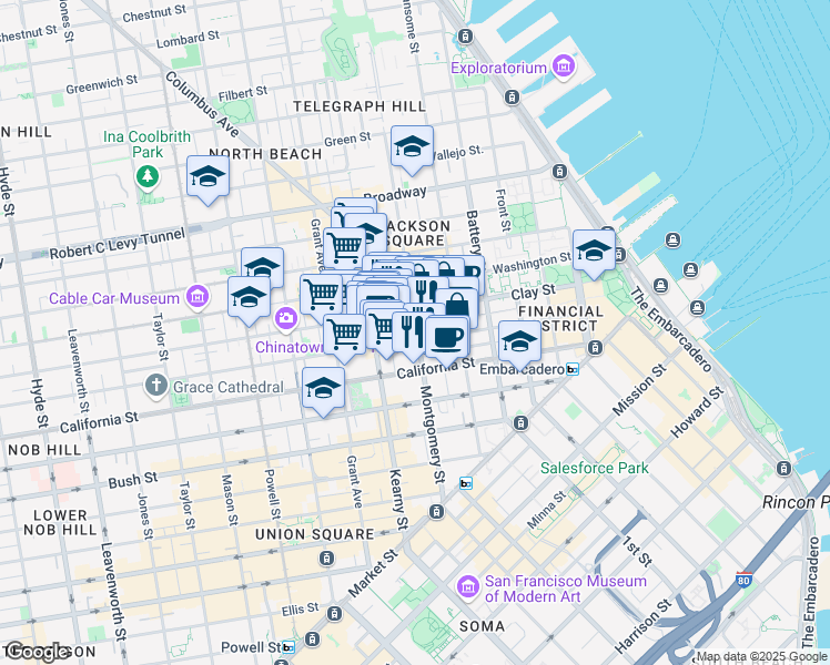 map of restaurants, bars, coffee shops, grocery stores, and more near 505 Montgomery Street in San Francisco