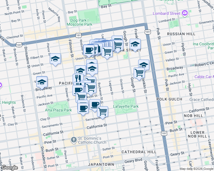 map of restaurants, bars, coffee shops, grocery stores, and more near 2120 Pacific Avenue in San Francisco