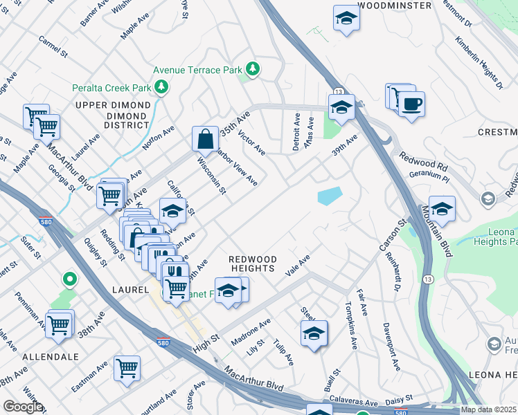 map of restaurants, bars, coffee shops, grocery stores, and more near 4047 39th Avenue in Oakland