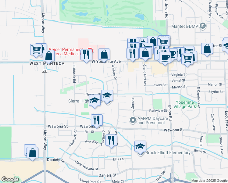map of restaurants, bars, coffee shops, grocery stores, and more near 388 Teresa Place in Manteca