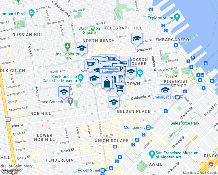 map of restaurants, bars, coffee shops, grocery stores, and more near 857 Clay Street in San Francisco