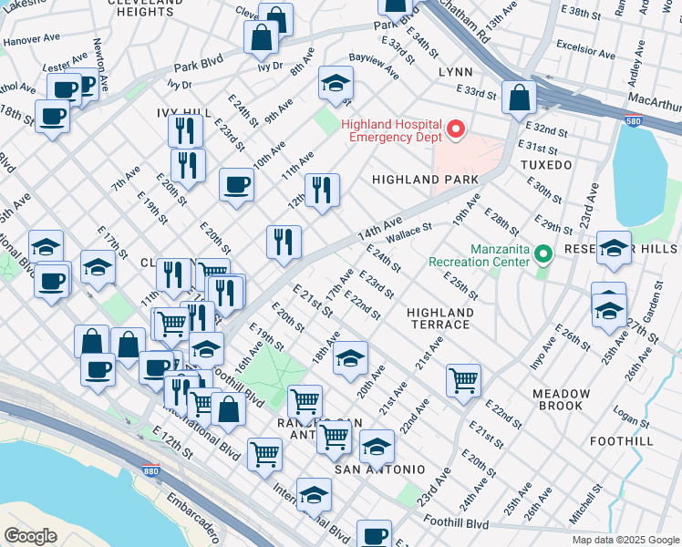 map of restaurants, bars, coffee shops, grocery stores, and more near 2221 17th Avenue in Oakland