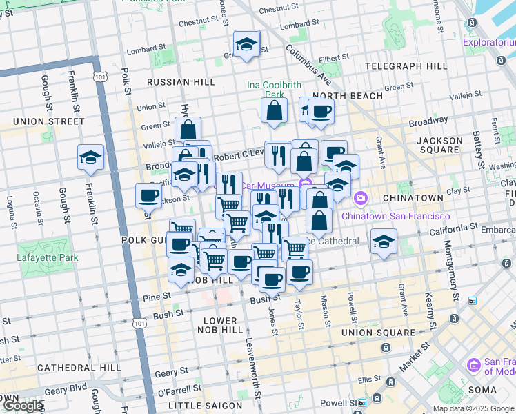 map of restaurants, bars, coffee shops, grocery stores, and more near 1360 Jones Street in San Francisco