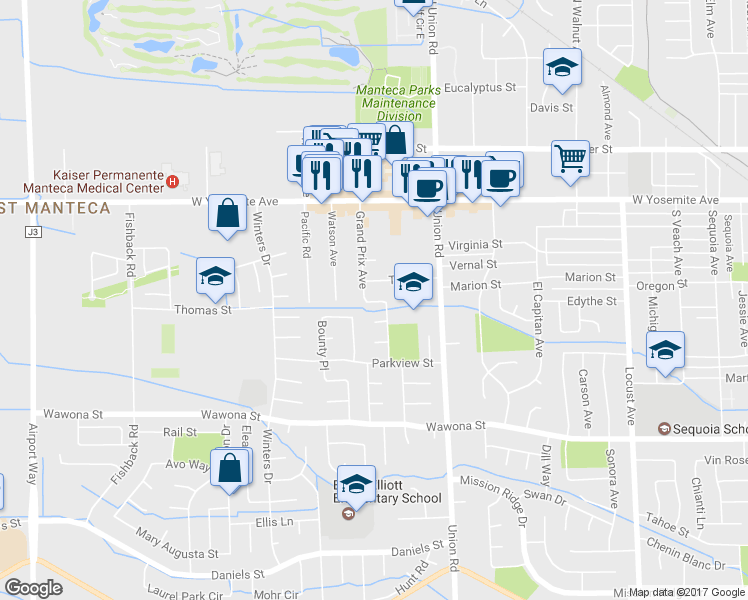 map of restaurants, bars, coffee shops, grocery stores, and more near 1345 Ghia Way in Manteca