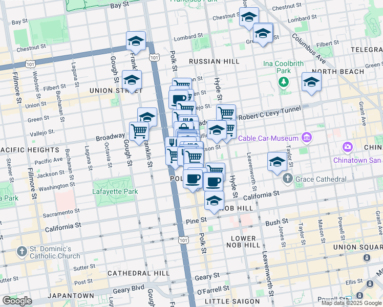 map of restaurants, bars, coffee shops, grocery stores, and more near 1958 Polk Street in San Francisco