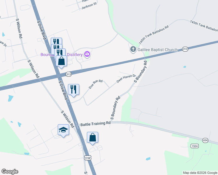 map of restaurants, bars, coffee shops, grocery stores, and more near 3814 Deer Haven Dr in Elizabethtown