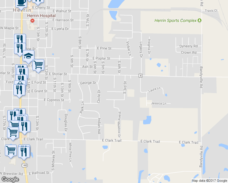 map of restaurants, bars, coffee shops, grocery stores, and more near Duncan Street in Herrin