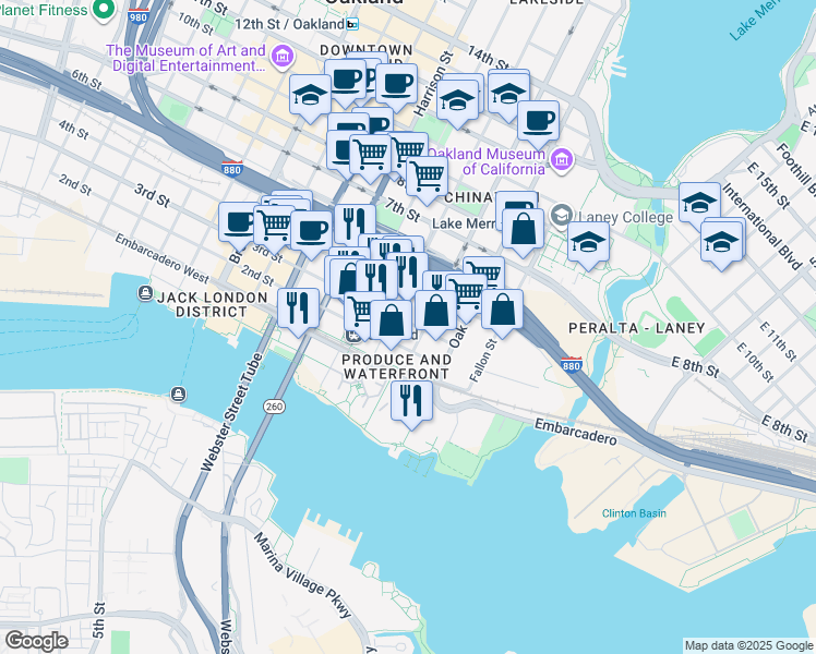 map of restaurants, bars, coffee shops, grocery stores, and more near 189 3rd Street in Oakland