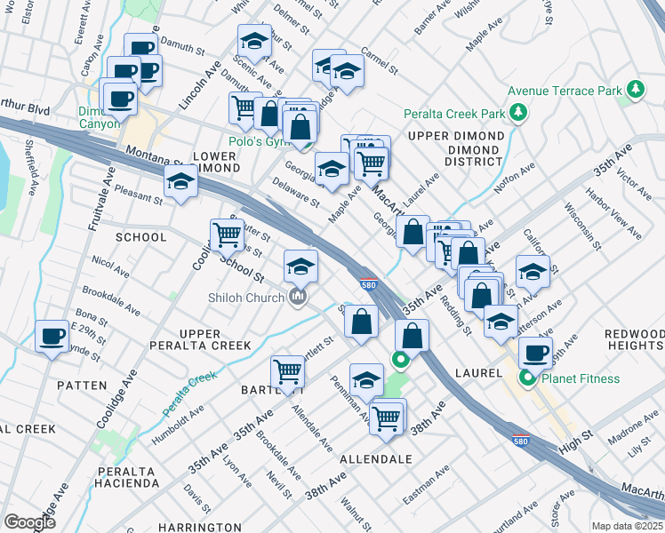 map of restaurants, bars, coffee shops, grocery stores, and more near 3260 Arkansas Street in Oakland