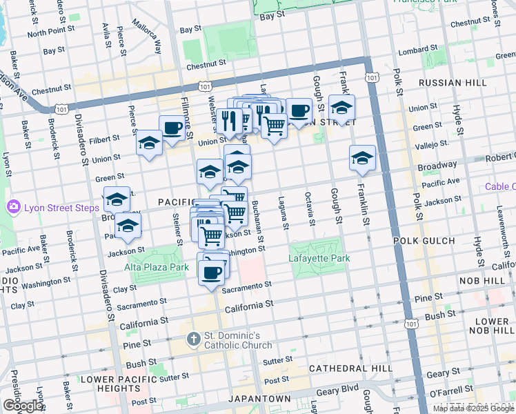 map of restaurants, bars, coffee shops, grocery stores, and more near 2602 Buchanan Street in San Francisco