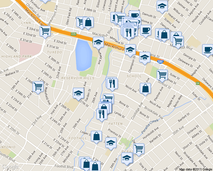 map of restaurants, bars, coffee shops, grocery stores, and more near 2627 Hickory Street in Oakland