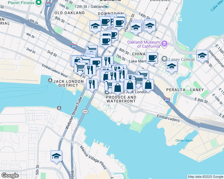 map of restaurants, bars, coffee shops, grocery stores, and more near 228 2nd Street in Oakland