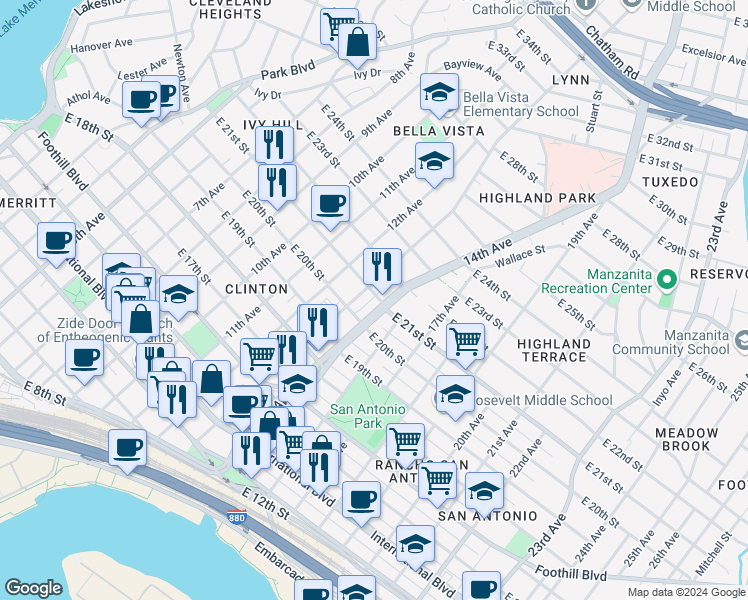 map of restaurants, bars, coffee shops, grocery stores, and more near in Oakland