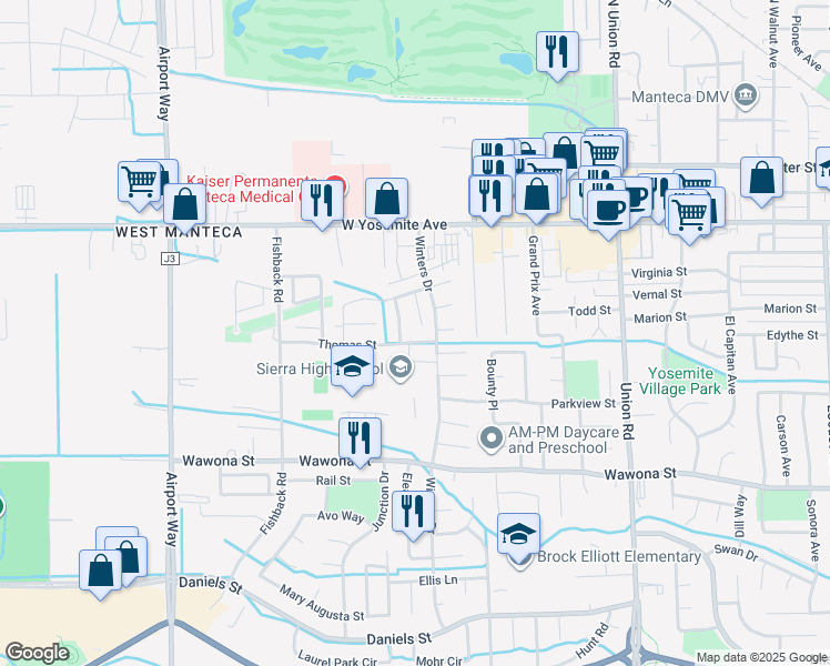 map of restaurants, bars, coffee shops, grocery stores, and more near 382 Teresa Place in Manteca