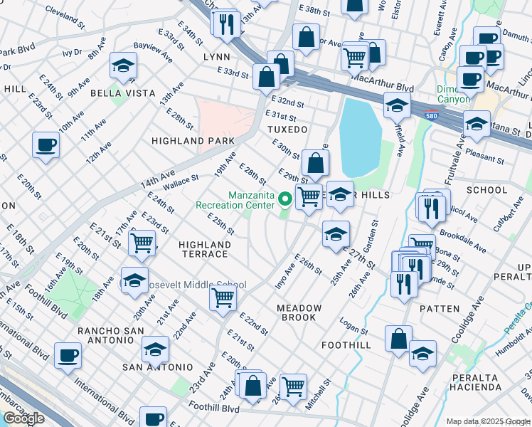 map of restaurants, bars, coffee shops, grocery stores, and more near 2139 East 27th Street in Oakland