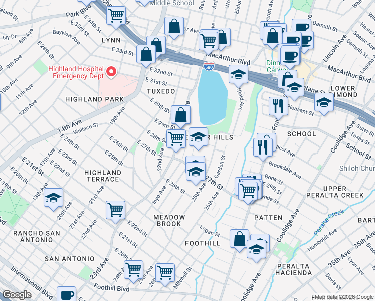 map of restaurants, bars, coffee shops, grocery stores, and more near 2732 Inyo Avenue in Oakland