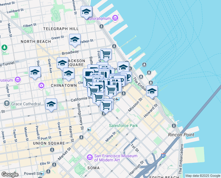map of restaurants, bars, coffee shops, grocery stores, and more near 100 California Street in San Francisco