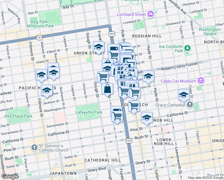 map of restaurants, bars, coffee shops, grocery stores, and more near 1720 Jackson Street in San Francisco