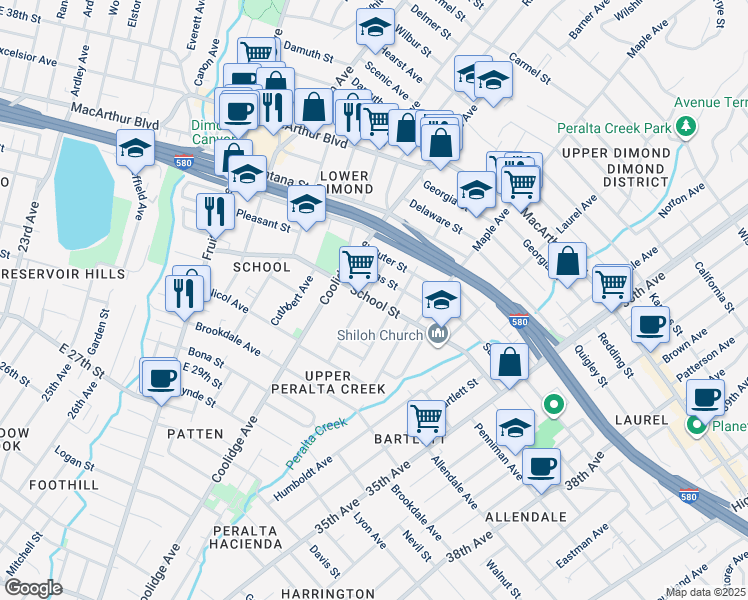 map of restaurants, bars, coffee shops, grocery stores, and more near 3108 School Street in Oakland