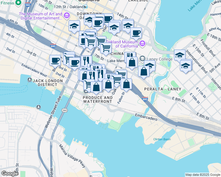 map of restaurants, bars, coffee shops, grocery stores, and more near 1 Airport Drive in Oakland