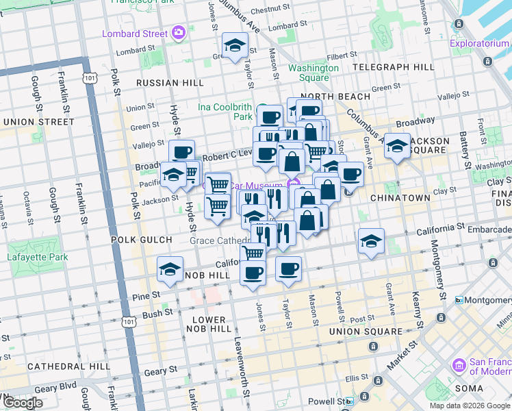 map of restaurants, bars, coffee shops, grocery stores, and more near 1245 Washington Street in San Francisco