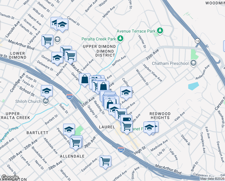map of restaurants, bars, coffee shops, grocery stores, and more near 3701 Magee Avenue in Oakland