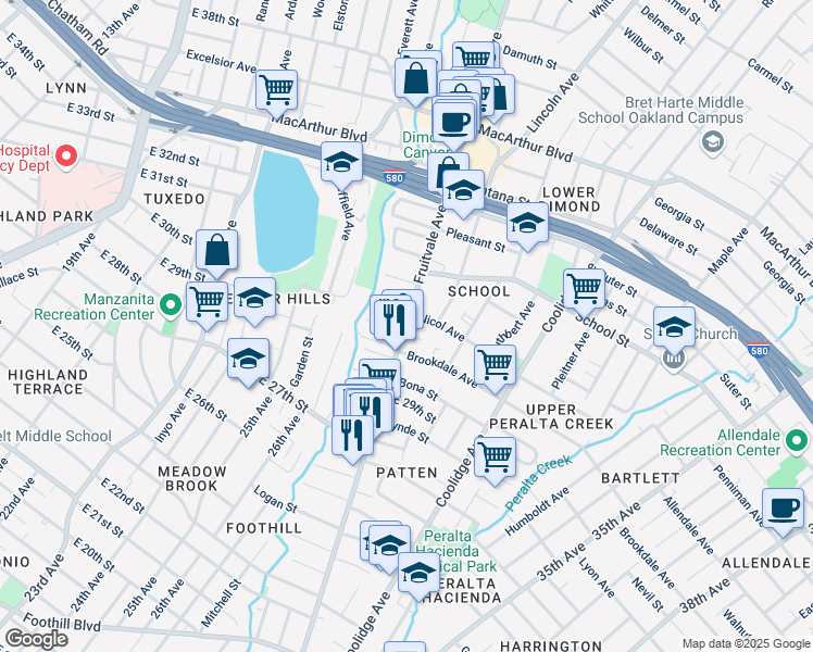 map of restaurants, bars, coffee shops, grocery stores, and more near 2952 Fruitvale Avenue in Oakland