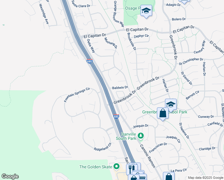 map of restaurants, bars, coffee shops, grocery stores, and more near 103 Baldwin Drive in Danville
