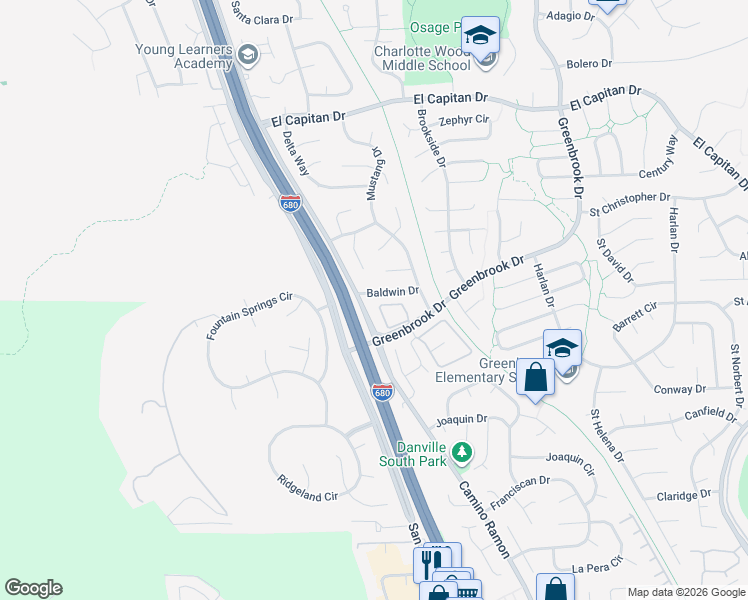 map of restaurants, bars, coffee shops, grocery stores, and more near 109 Baldwin Drive in Danville